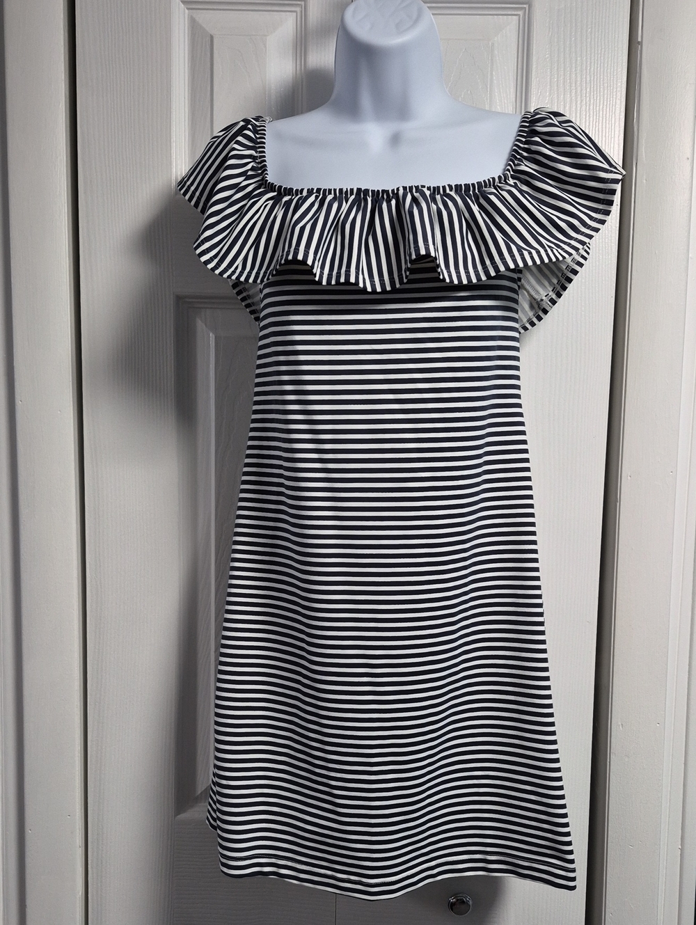 Sailor Sailor Black and White Striped Ruffle Neck Dress Small